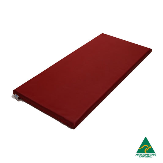 Red Hello Comfy Child Care Sleep Mat made from waterproof PVC vinyl and foam, tested to AS/NZS 8811.1:2013, Australian-made for daycare and child care use