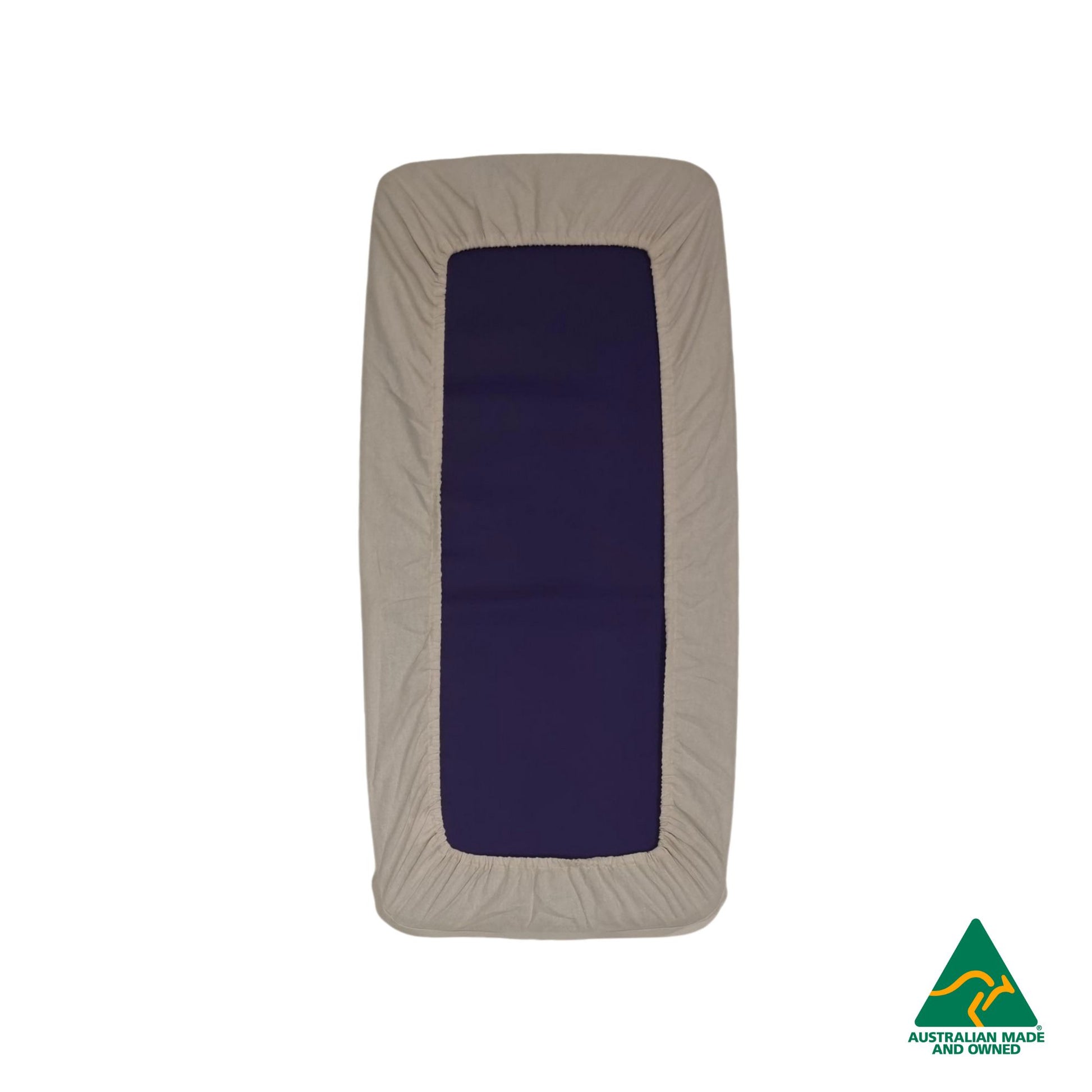 Back view of Beige Hello Comfy 100% cotton sleep mat sheet set with fitted and flat sheet, elastic-fitted, Australian-made for daycare and child care centres