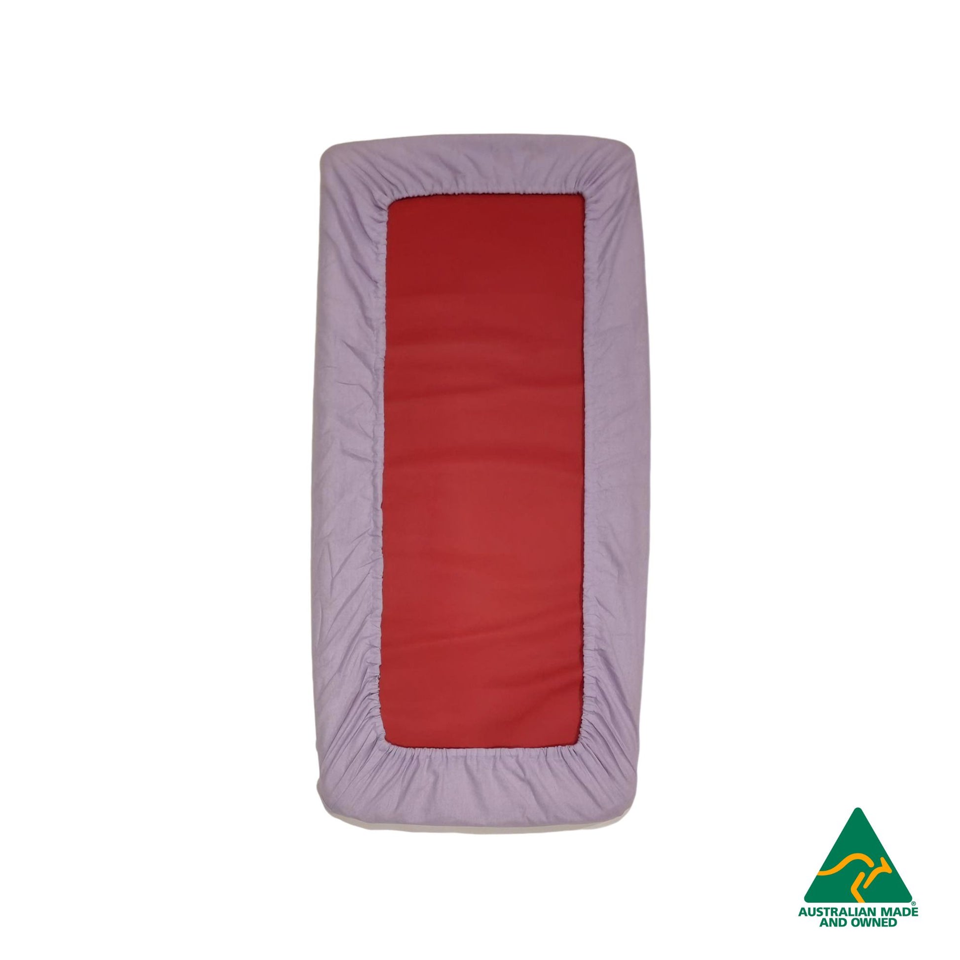 Back view of Lavender Purple Hello Comfy 100% cotton sleep mat sheet set with fitted and flat sheet, elastic-fitted, Australian-made for daycare and child care centres