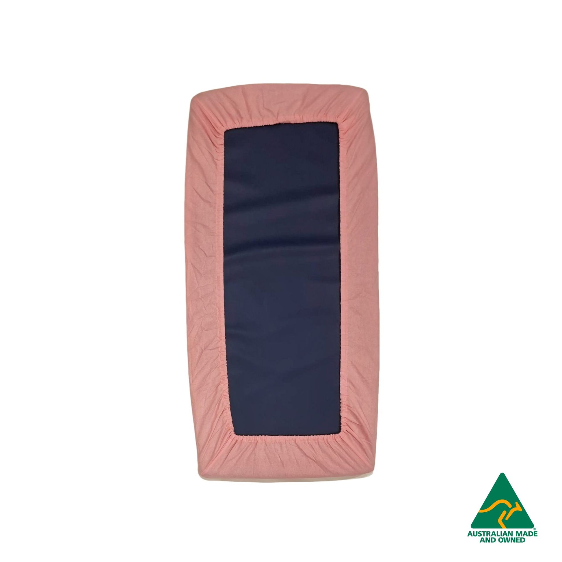 Back view of Marshmallow Pink Hello Comfy 100% cotton sleep mat sheet set with fitted and flat sheet, elastic-fitted, Australian-made for daycare and child care centres