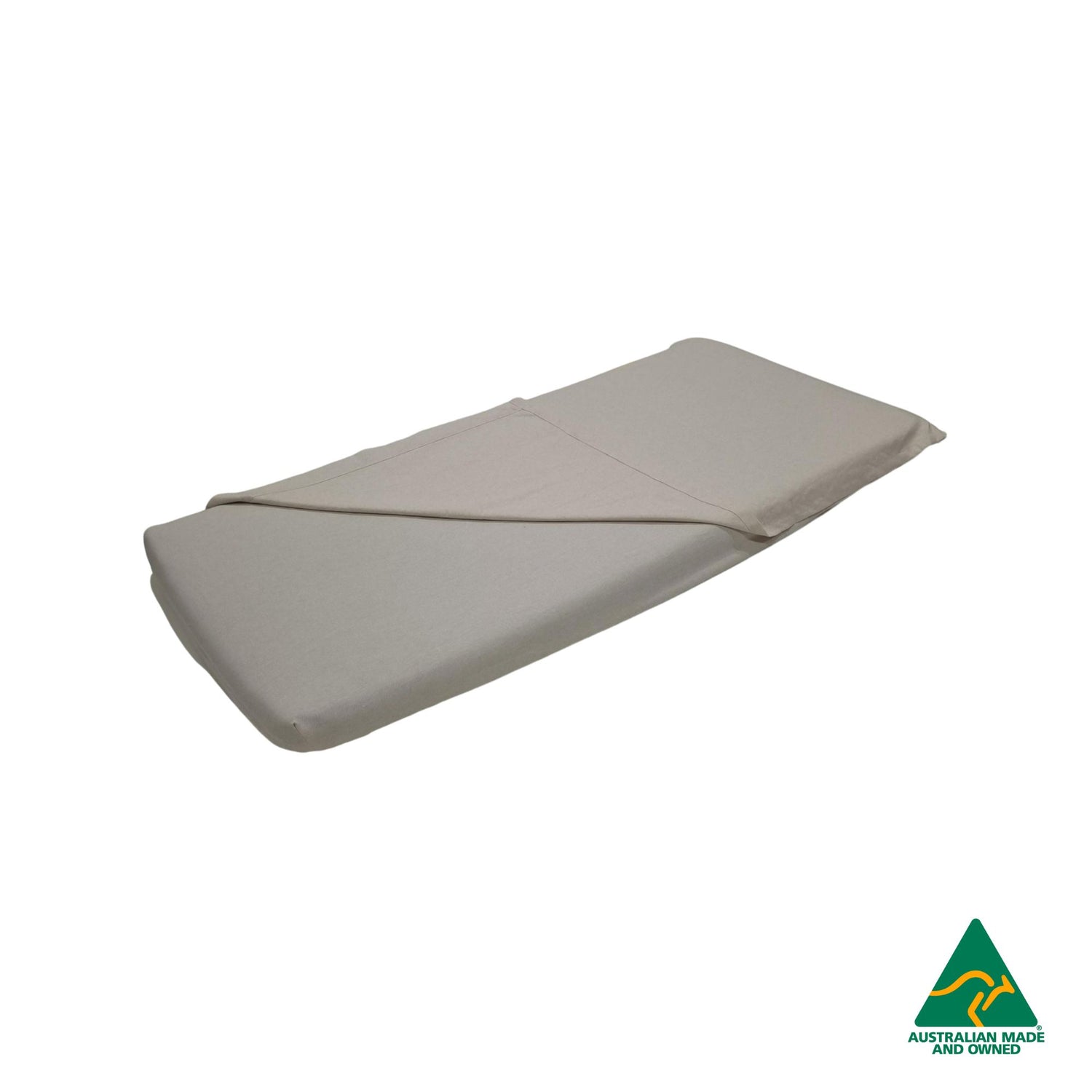 Front view of Beige Hello Comfy 100% cotton sleep mat sheet set with fitted and flat sheet, elastic-fitted, Australian-made for daycare and child care centres