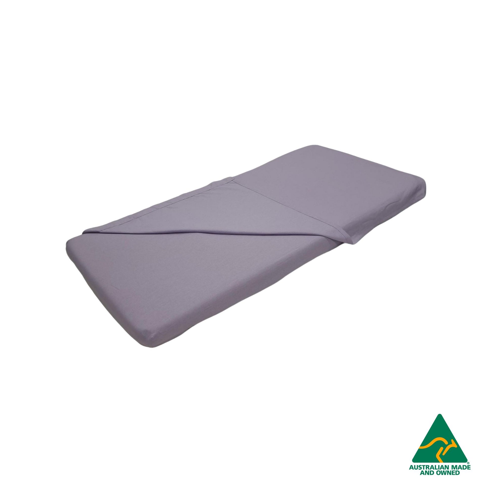 Front view of Lavender Purple Hello Comfy 100% cotton sleep mat sheet set with fitted and flat sheet, elastic-fitted, Australian-made for daycare and child care centres