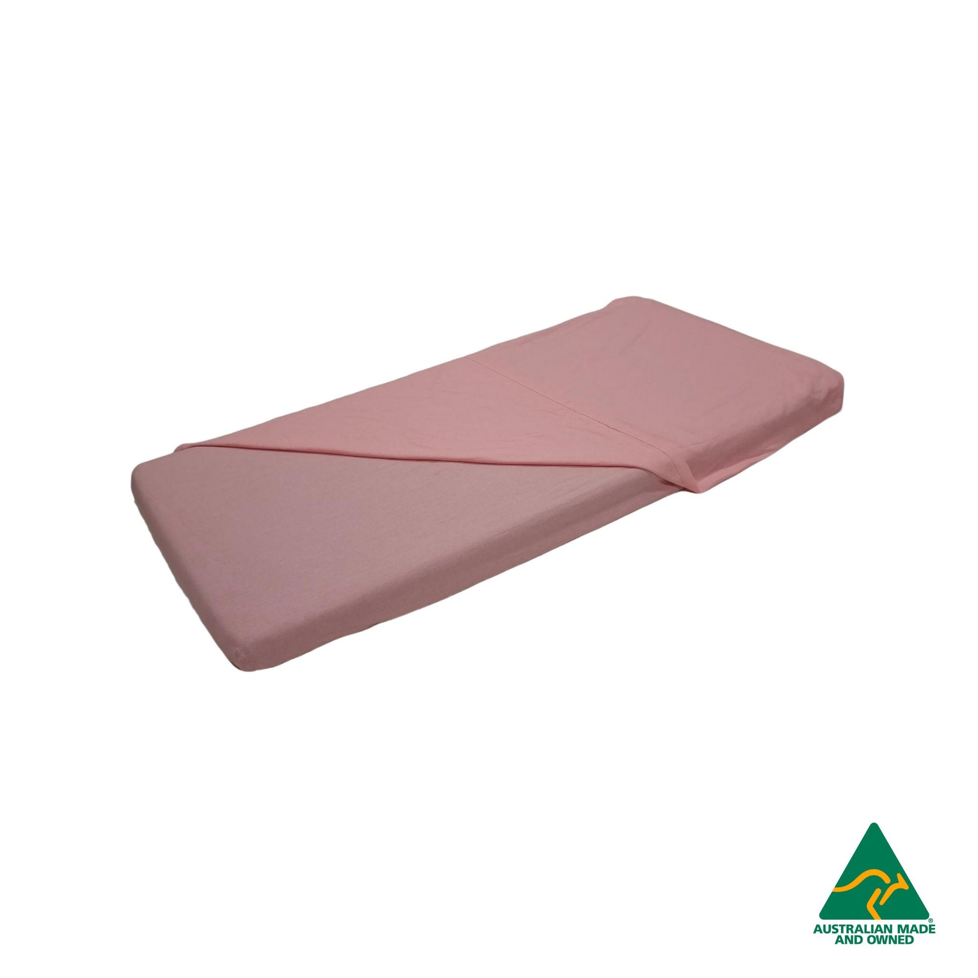 Front view of Marshmallow Pink Hello Comfy 100% cotton sleep mat sheet set with fitted and flat sheet, elastic-fitted, Australian-made for daycare and child care centres