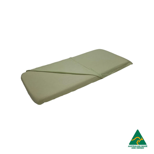 Front view of Mint Green Hello Comfy 100% cotton sleep mat sheet set with fitted and flat sheet, elastic-fitted, Australian-made for daycare and child care centres