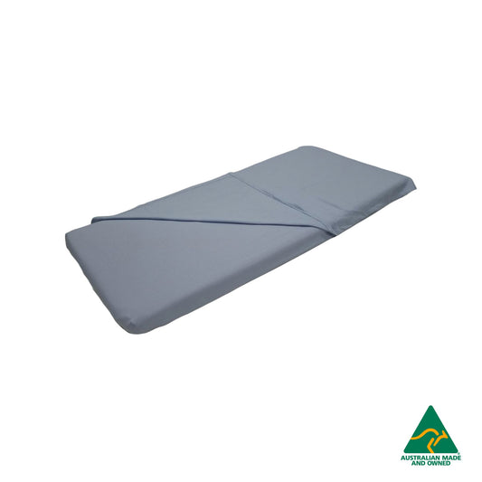 Front view of Pastel Blue Hello Comfy 100% cotton sleep mat sheet set with fitted and flat sheet, elastic-fitted, Australian-made for daycare and child care centres