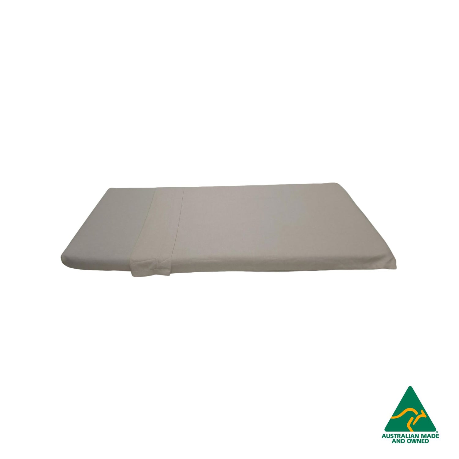 Side view of Beige Hello Comfy 100% cotton sleep mat sheet set with fitted and flat sheet, elastic-fitted, Australian-made for daycare and child care centres