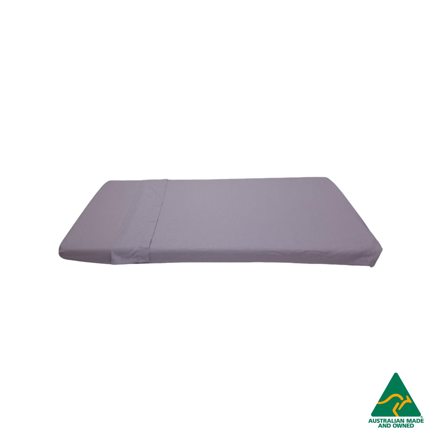 Side view of Lavender Purple Hello Comfy 100% cotton sleep mat sheet set with fitted and flat sheet, elastic-fitted, Australian-made for daycare and child care centres