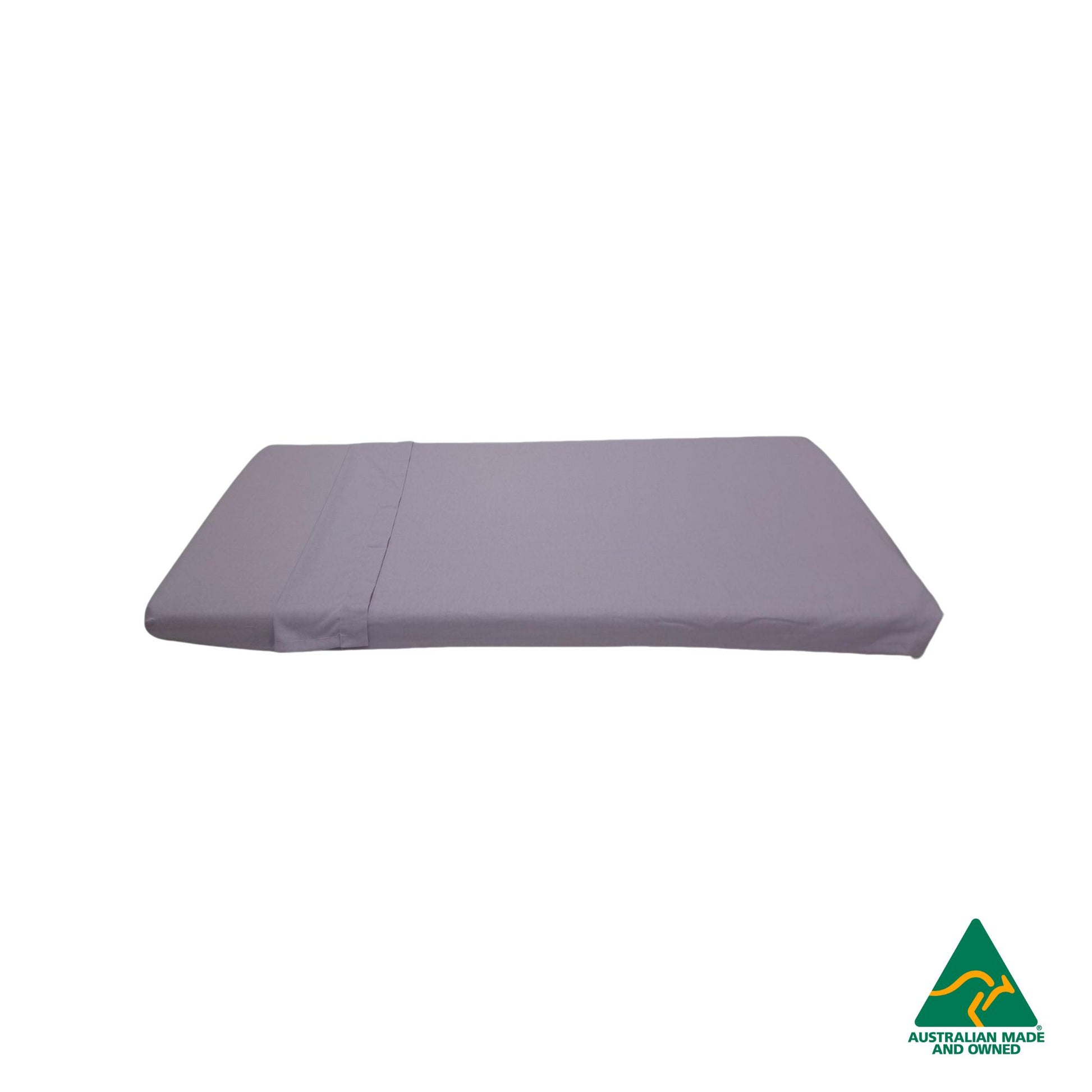Side view of Lavender Purple Hello Comfy 100% cotton sleep mat sheet set with fitted and flat sheet, elastic-fitted, Australian-made for daycare and child care centres