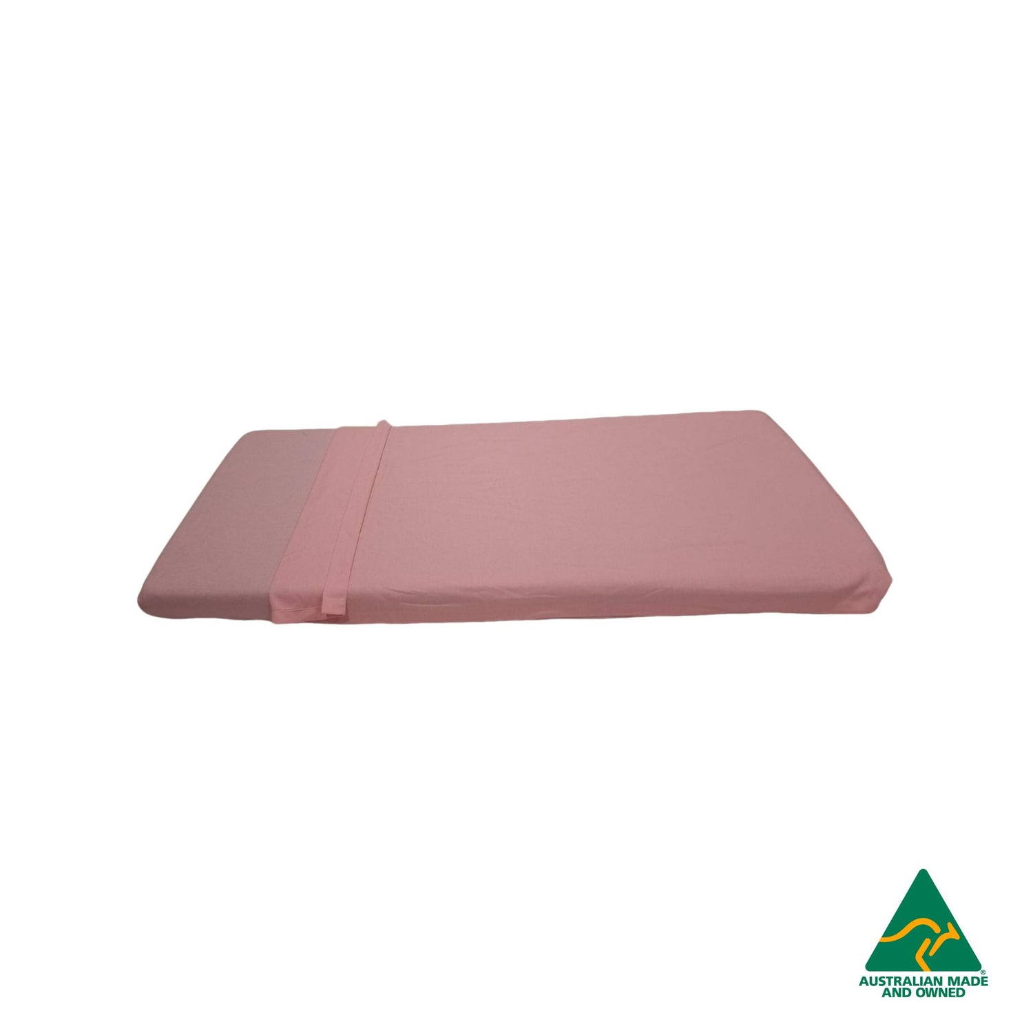 Side view of Marshmallow Pink Hello Comfy 100% cotton sleep mat sheet set with fitted and flat sheet, elastic-fitted, Australian-made for daycare and child care centres