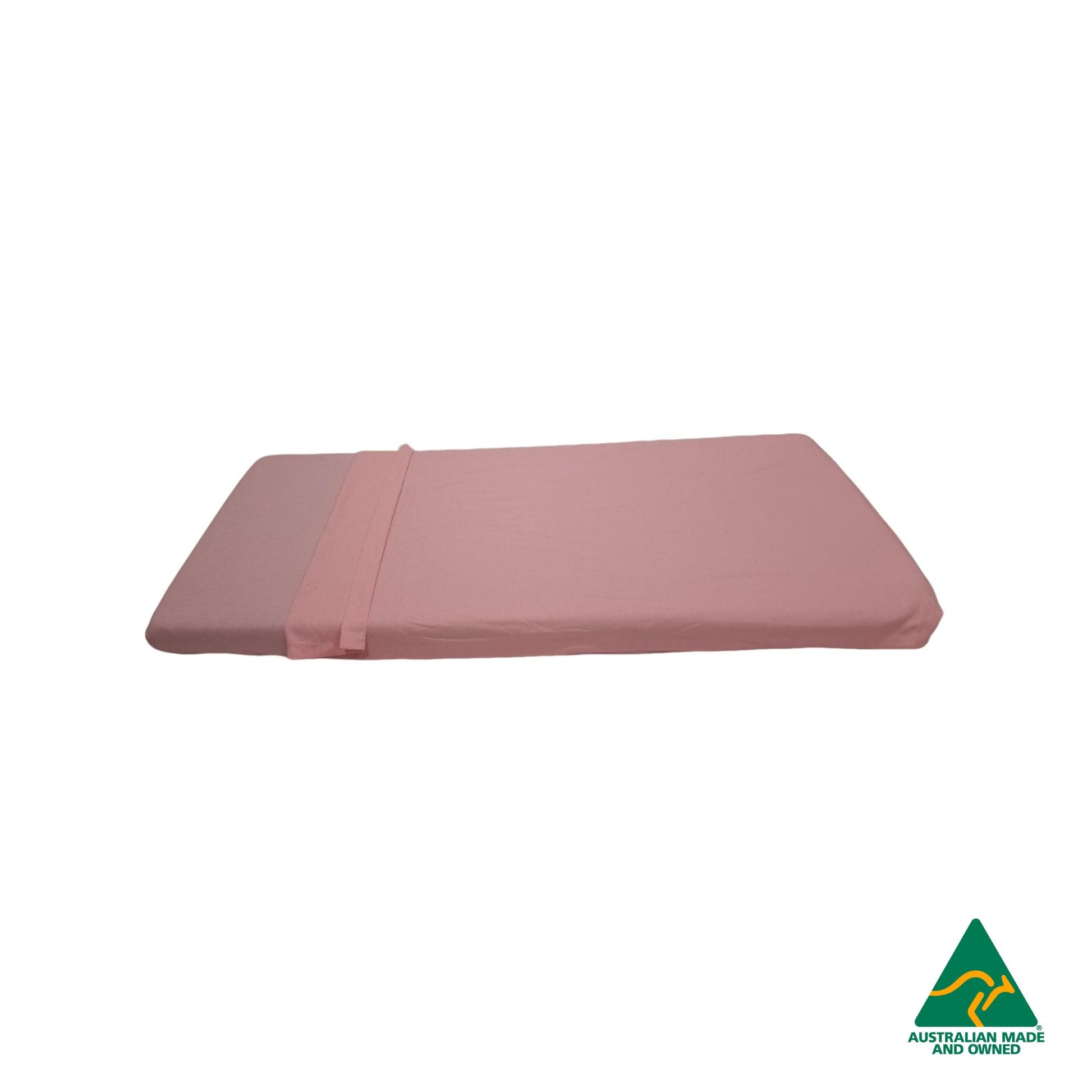 Side view of Marshmallow Pink Hello Comfy 100% cotton sleep mat sheet set with fitted and flat sheet, elastic-fitted, Australian-made for daycare and child care centres