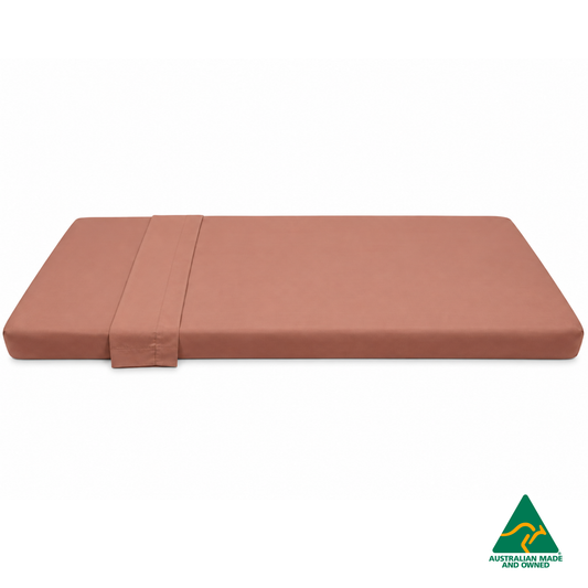 Side view of Watermelon Red Hello Comfy 100% cotton sleep mat sheet set with fitted and flat sheet, elastic-fitted, Australian-made for daycare and child care centres