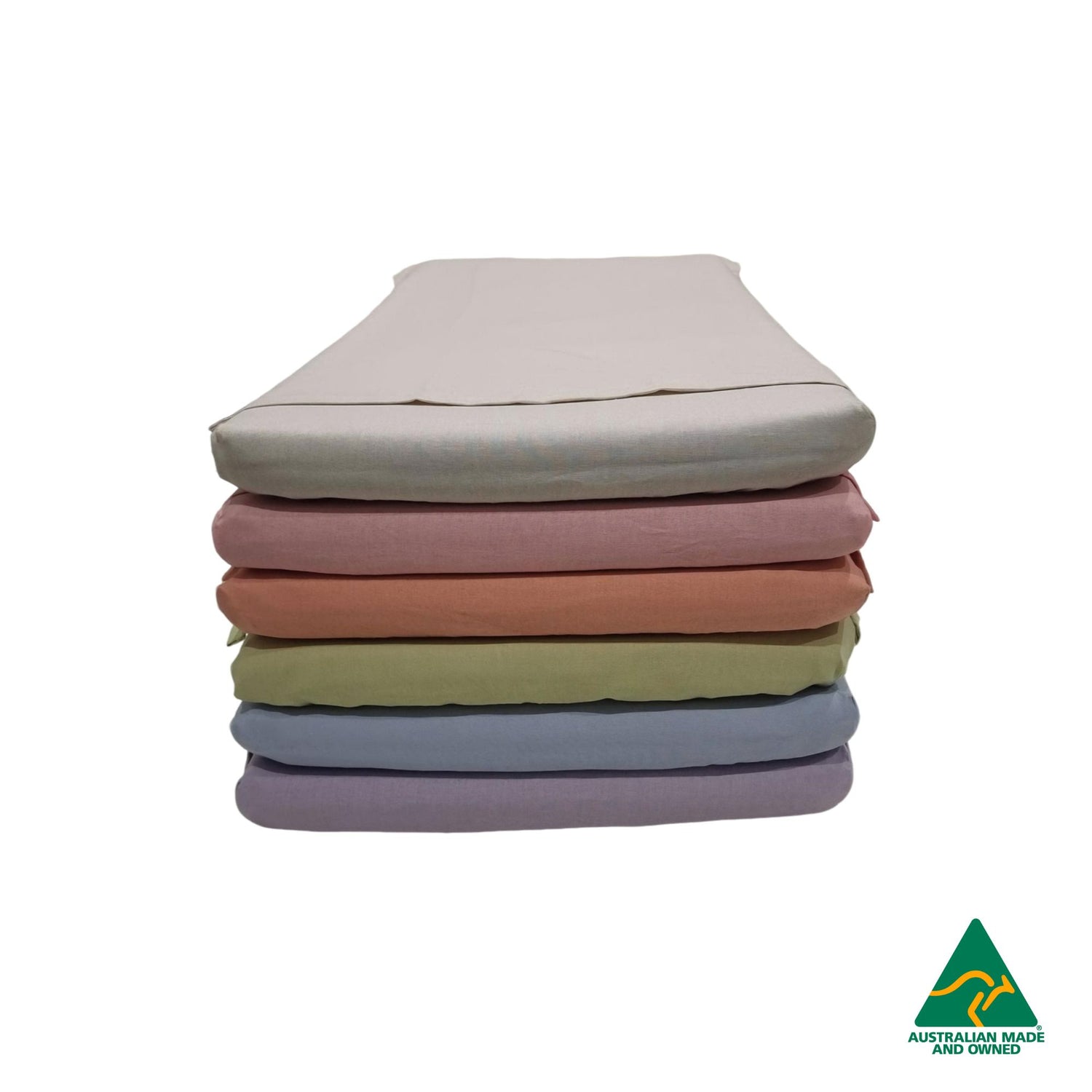 Stack of Hello Comfy 100% cotton sleep mat sheet sets with fitted and flat sheet, elastic-fitted, Australian-made for daycare and child care centres