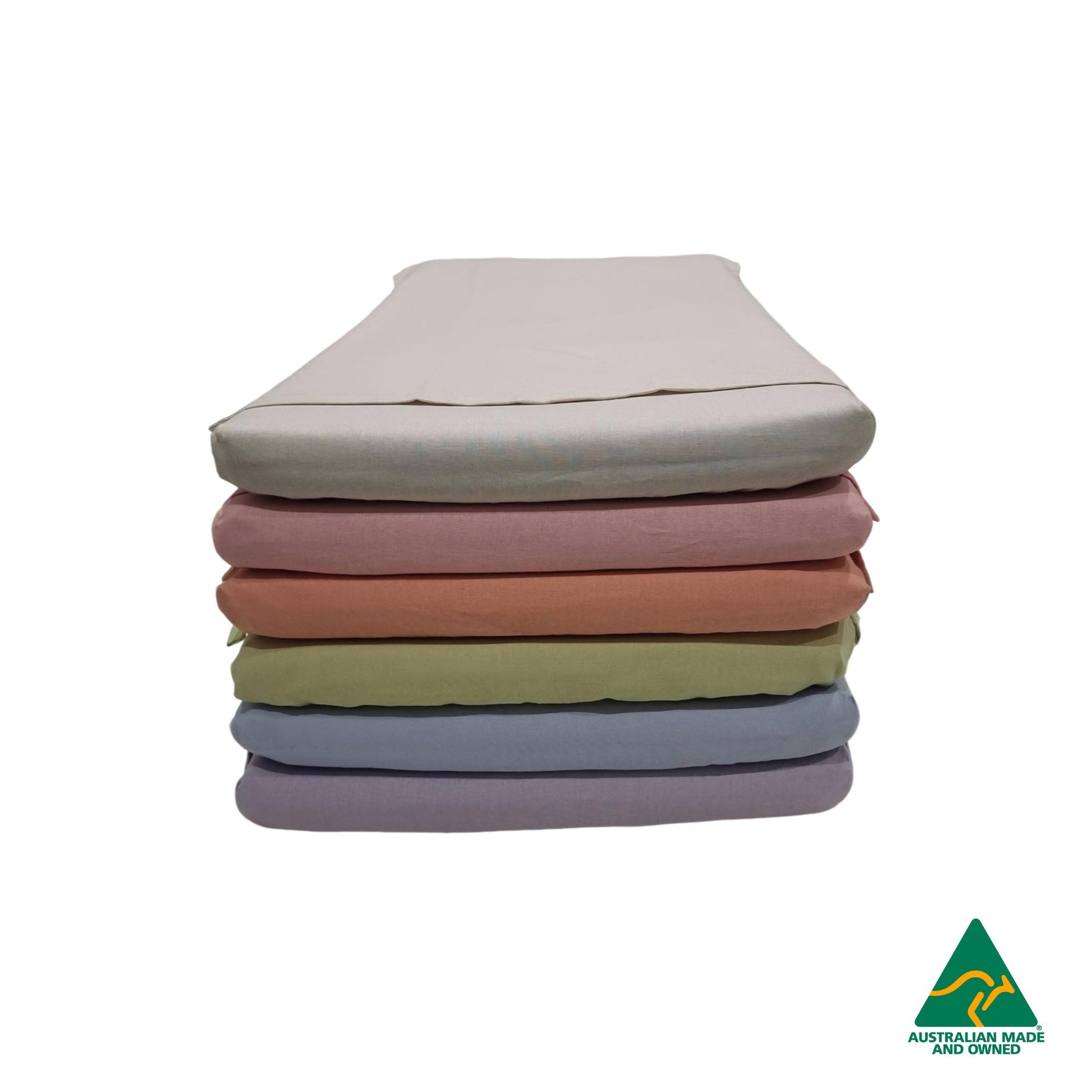 Stack of Hello Comfy 100% cotton sleep mat sheet sets with fitted and flat sheet, elastic-fitted, Australian-made for daycare and child care centres
