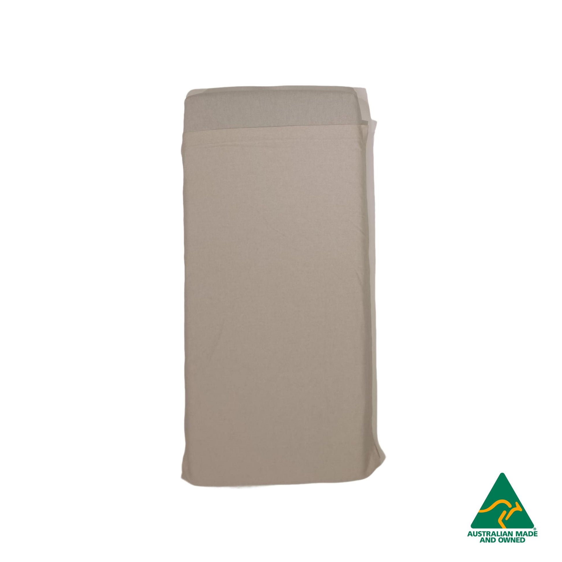 Top view of Beige Hello Comfy 100% cotton sleep mat sheet set with fitted and flat sheet, elastic-fitted, Australian-made for daycare and child care centres