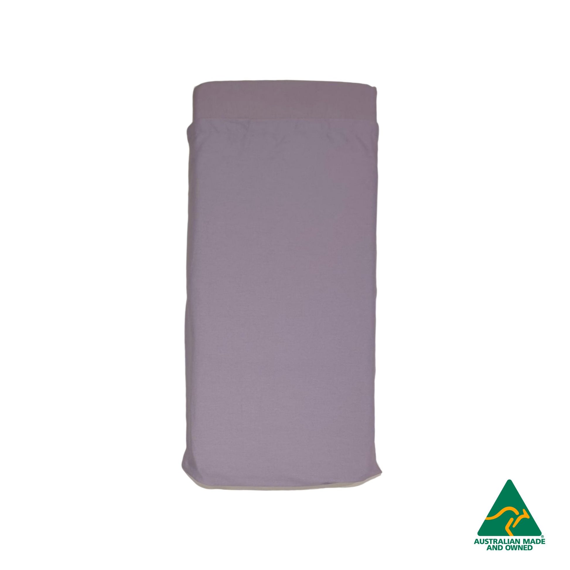 Top view of Lavender Purple Hello Comfy 100% cotton sleep mat sheet set with fitted and flat sheet, elastic-fitted, Australian-made for daycare and child care centres