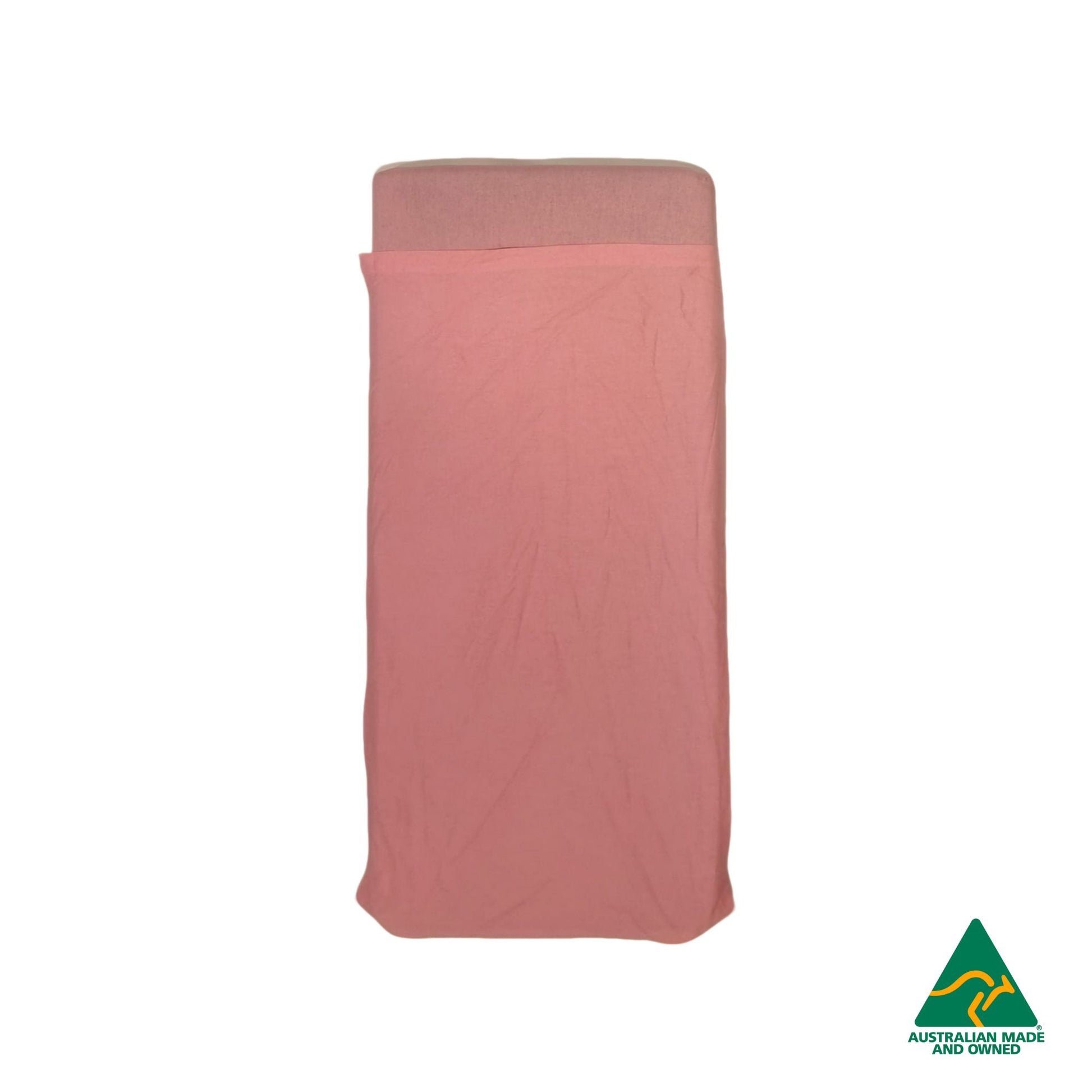 Top view of Marshmallow Pink Hello Comfy 100% cotton sleep mat sheet set with fitted and flat sheet, elastic-fitted, Australian-made for daycare and child care centres