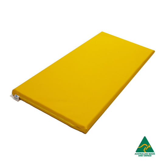 Yellow Hello Comfy Child Care Sleep Mat made from waterproof PVC vinyl and foam, tested to AS/NZS 8811.1:2013, Australian-made for daycare and child care use