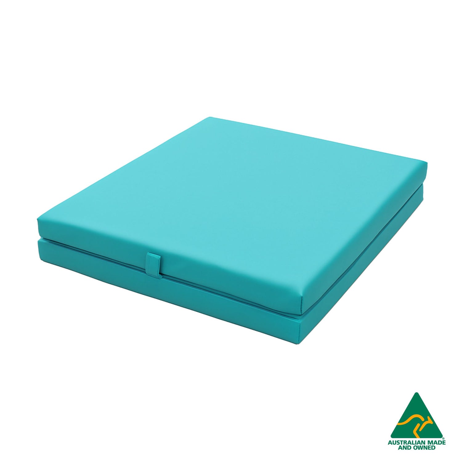 Folded Aqua Foldable Hello Comfy Child Care Sleep Mat made from waterproof PVC vinyl and foam, tested to AS/NZS 8811.1:2013, Australian-made for daycare and child care use