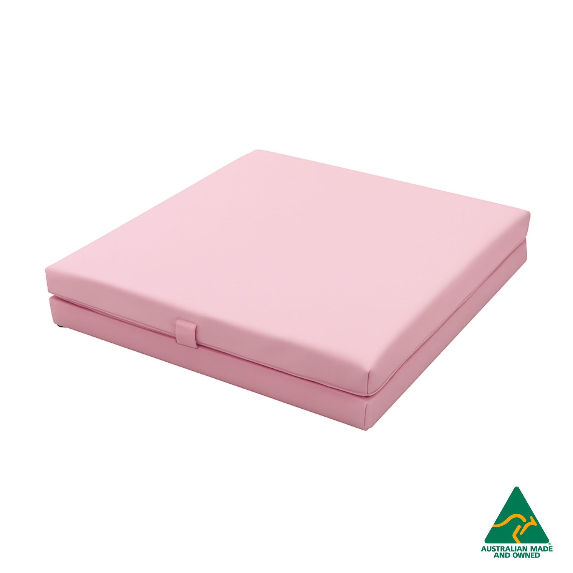 Folded Baby Pink Foldable Hello Comfy Child Care Sleep Mat made from waterproof PVC vinyl and foam, tested to AS/NZS 8811.1:2013, Australian-made for daycare and child care use