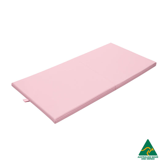 Unfolded Baby Pink Foldable Hello Comfy Child Care Sleep Mat made from waterproof PVC vinyl and foam, tested to AS/NZS 8811.1:2013, Australian-made for daycare and child care use