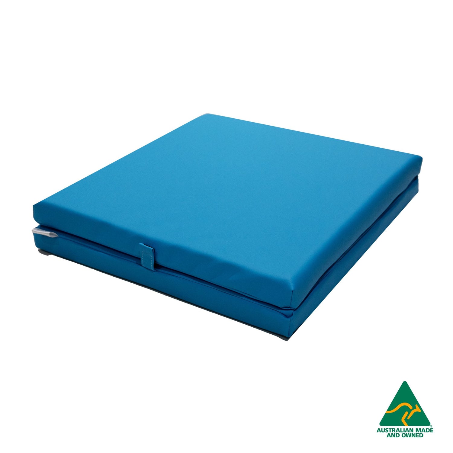 Folded Blue Foldable Hello Comfy Child Care Sleep Mat made from waterproof PVC vinyl and foam, tested to AS/NZS 8811.1:2013, Australian-made for daycare and child care use