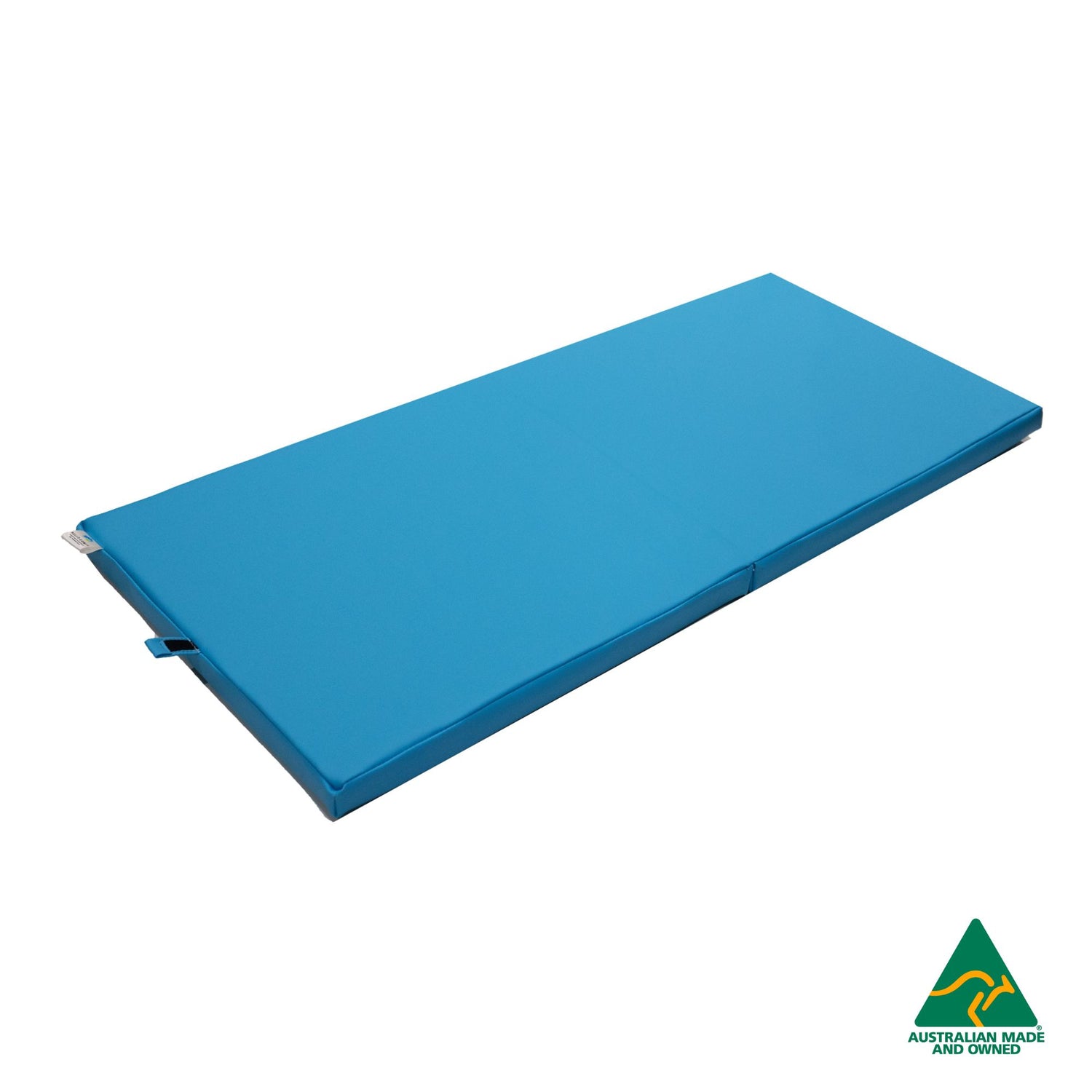 Unfolded Blue Foldable Hello Comfy Child Care Sleep Mat made from waterproof PVC vinyl and foam, tested to AS/NZS 8811.1:2013, Australian-made for daycare and child care use