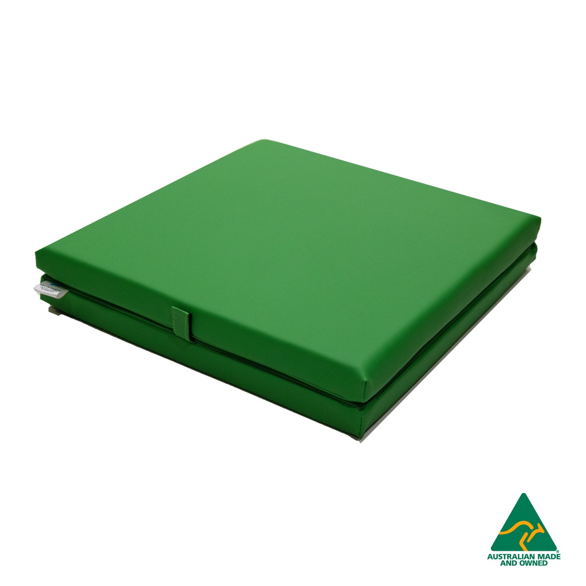 Folded Green Foldable Hello Comfy Child Care Sleep Mat made from waterproof PVC vinyl and foam, tested to AS/NZS 8811.1:2013, Australian-made for daycare and child care use