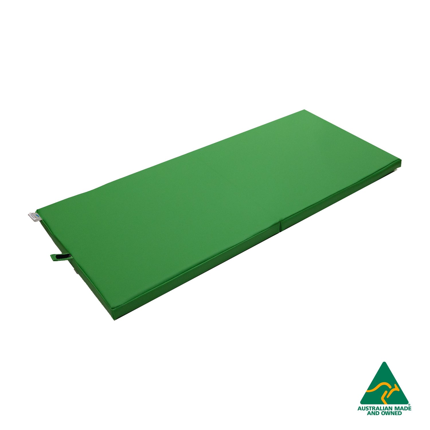 Unfolded Green Foldable Hello Comfy Child Care Sleep Mat made from waterproof PVC vinyl and foam, tested to AS/NZS 8811.1:2013, Australian-made for daycare and child care use