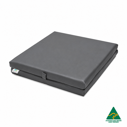 Folded Grey Foldable Hello Comfy Child Care Sleep Mat made from waterproof PVC vinyl and foam, tested to AS/NZS 8811.1:2013, Australian-made for daycare and child care use