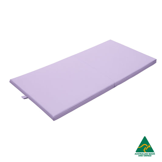 Unfolded Lavender Foldable Hello Comfy Child Care Sleep Mat made from waterproof PVC vinyl and foam, tested to AS/NZS 8811.1:2013, Australian-made for daycare and child care use