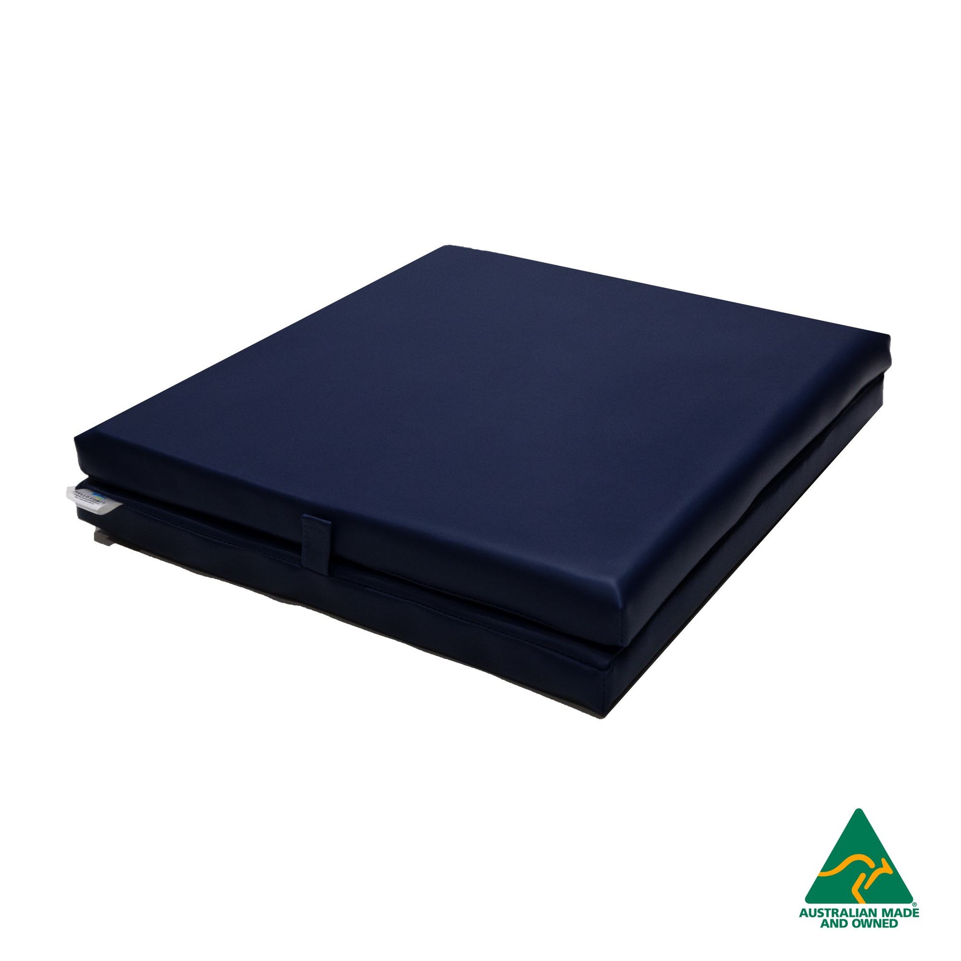Folded Navy Foldable Hello Comfy Child Care Sleep Mat made from waterproof PVC vinyl and foam, tested to AS/NZS 8811.1:2013, Australian-made for daycare and child care use