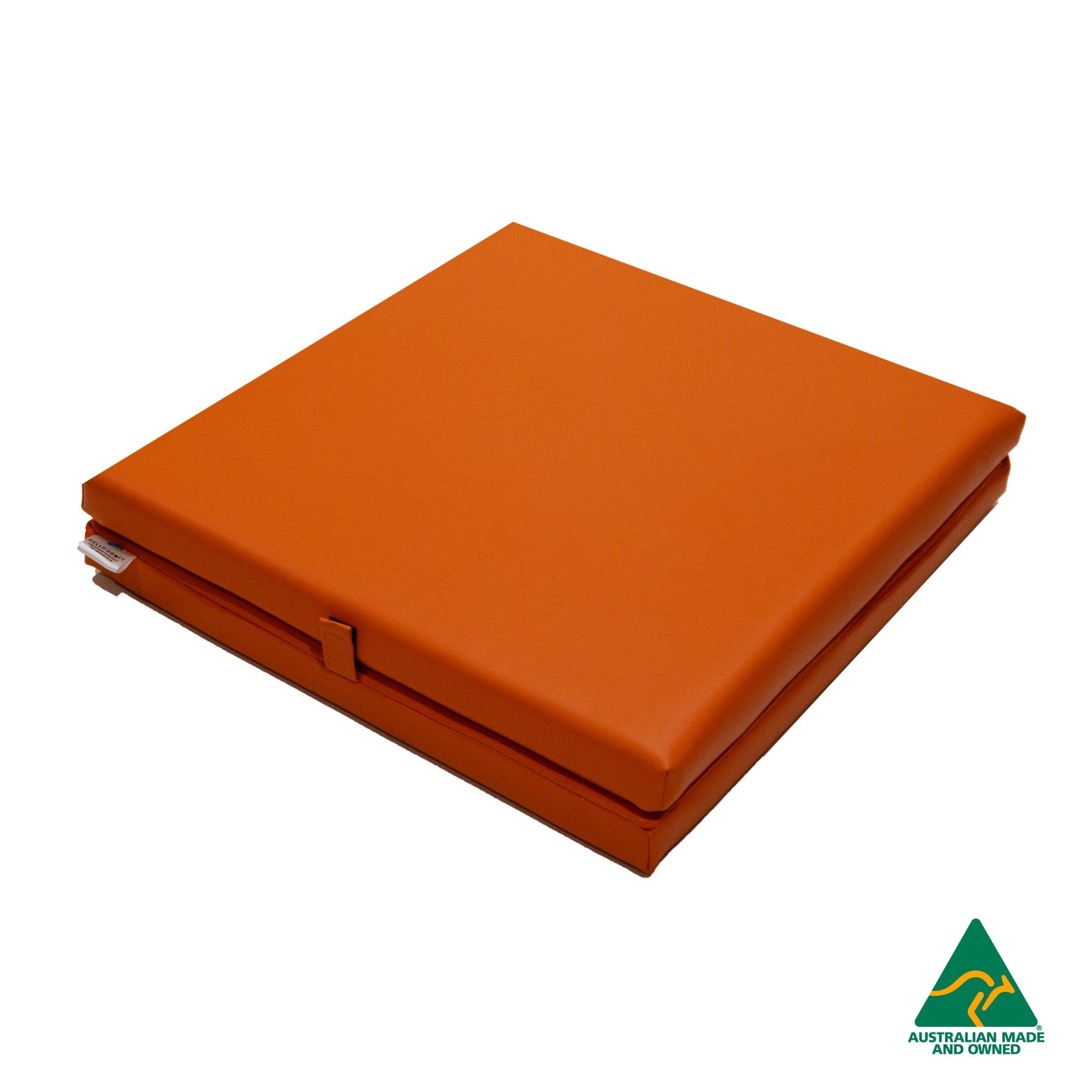 Folded Orange Foldable Hello Comfy Child Care Sleep Mat made from waterproof PVC vinyl and foam, tested to AS/NZS 8811.1:2013, Australian-made for daycare and child care use
