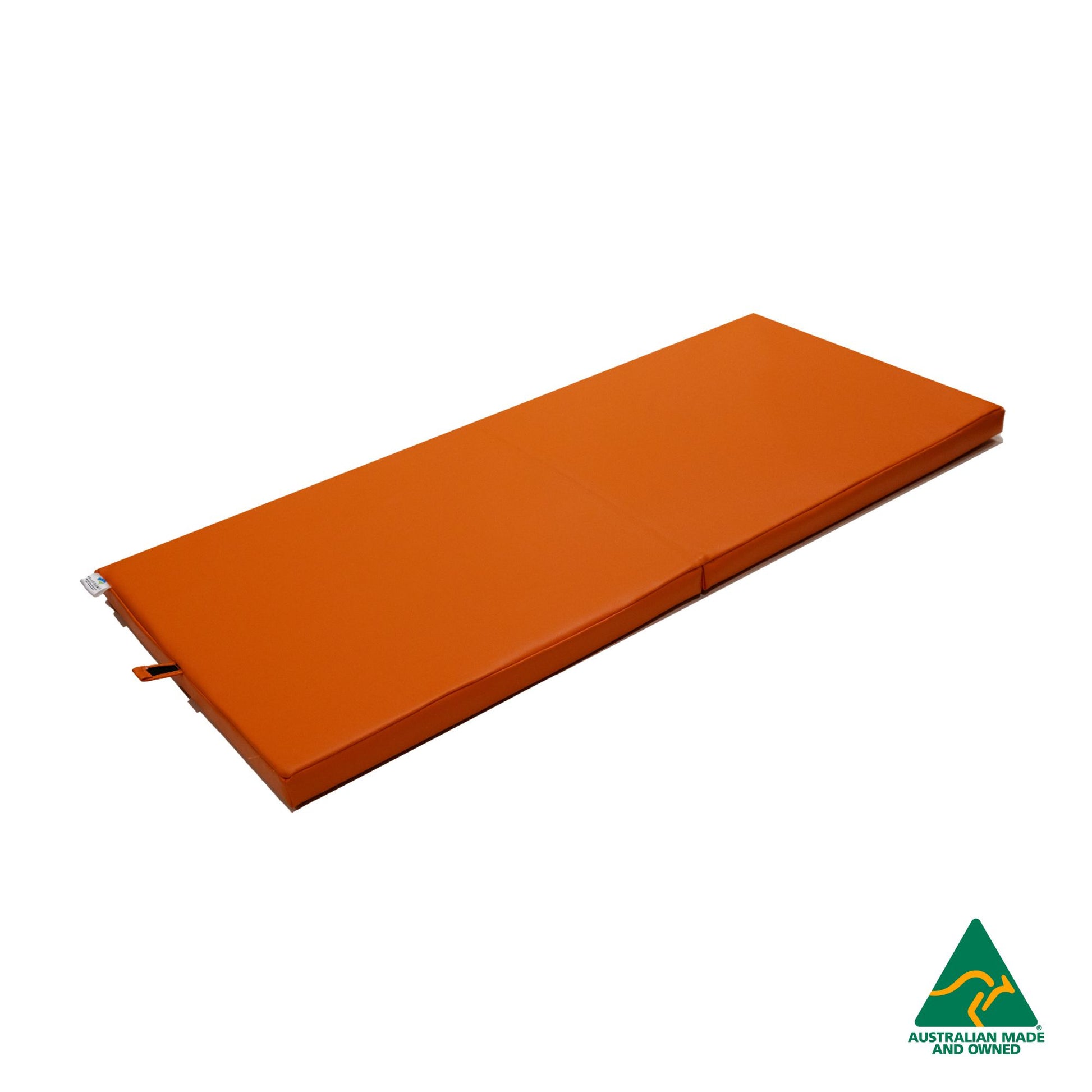Unfolded Orange Foldable Hello Comfy Child Care Sleep Mat made from waterproof PVC vinyl and foam, tested to AS/NZS 8811.1:2013, Australian-made for daycare and child care use