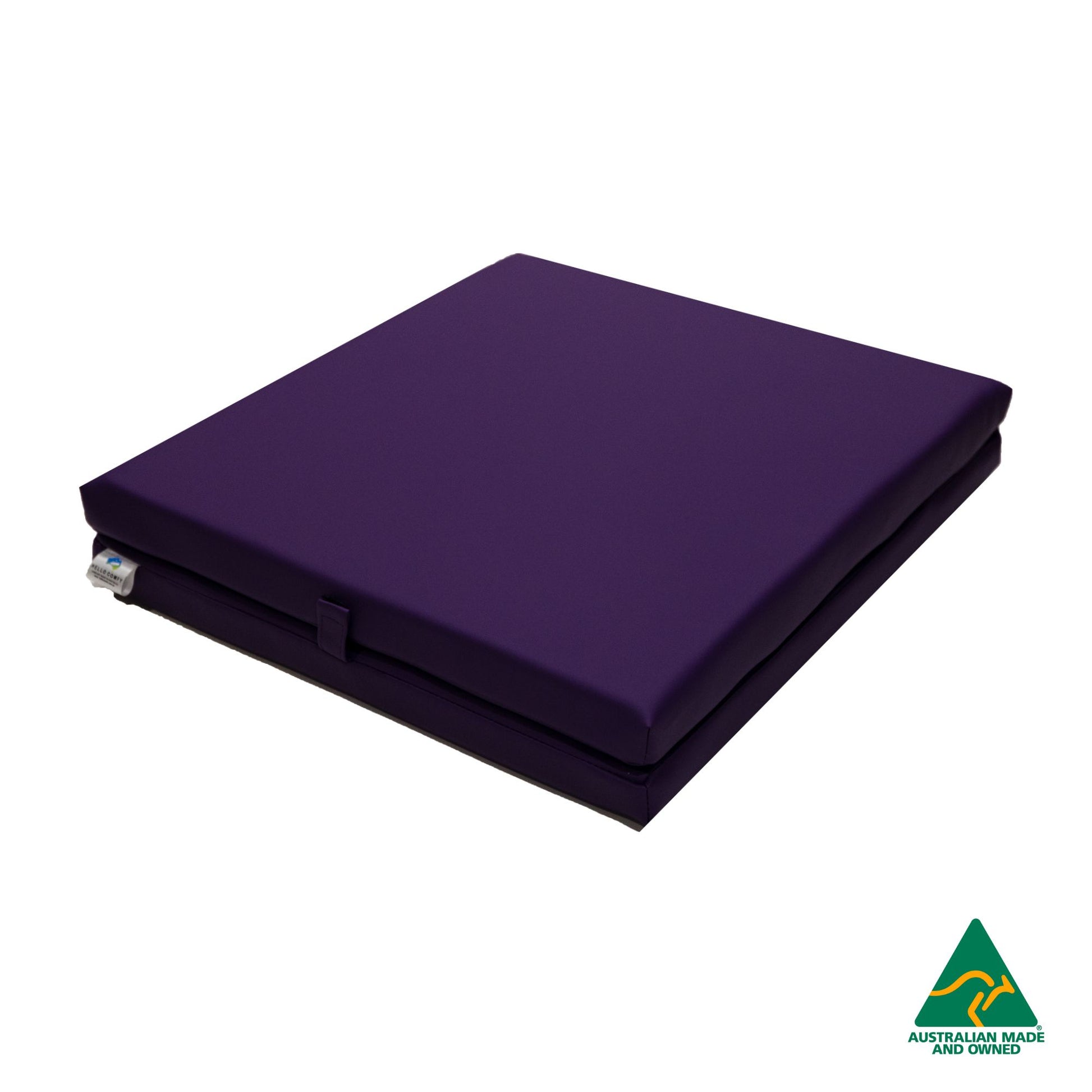 Folded Purple Foldable Hello Comfy Child Care Sleep Mat made from waterproof PVC vinyl and foam, tested to AS/NZS 8811.1:2013, Australian-made for daycare and child care use