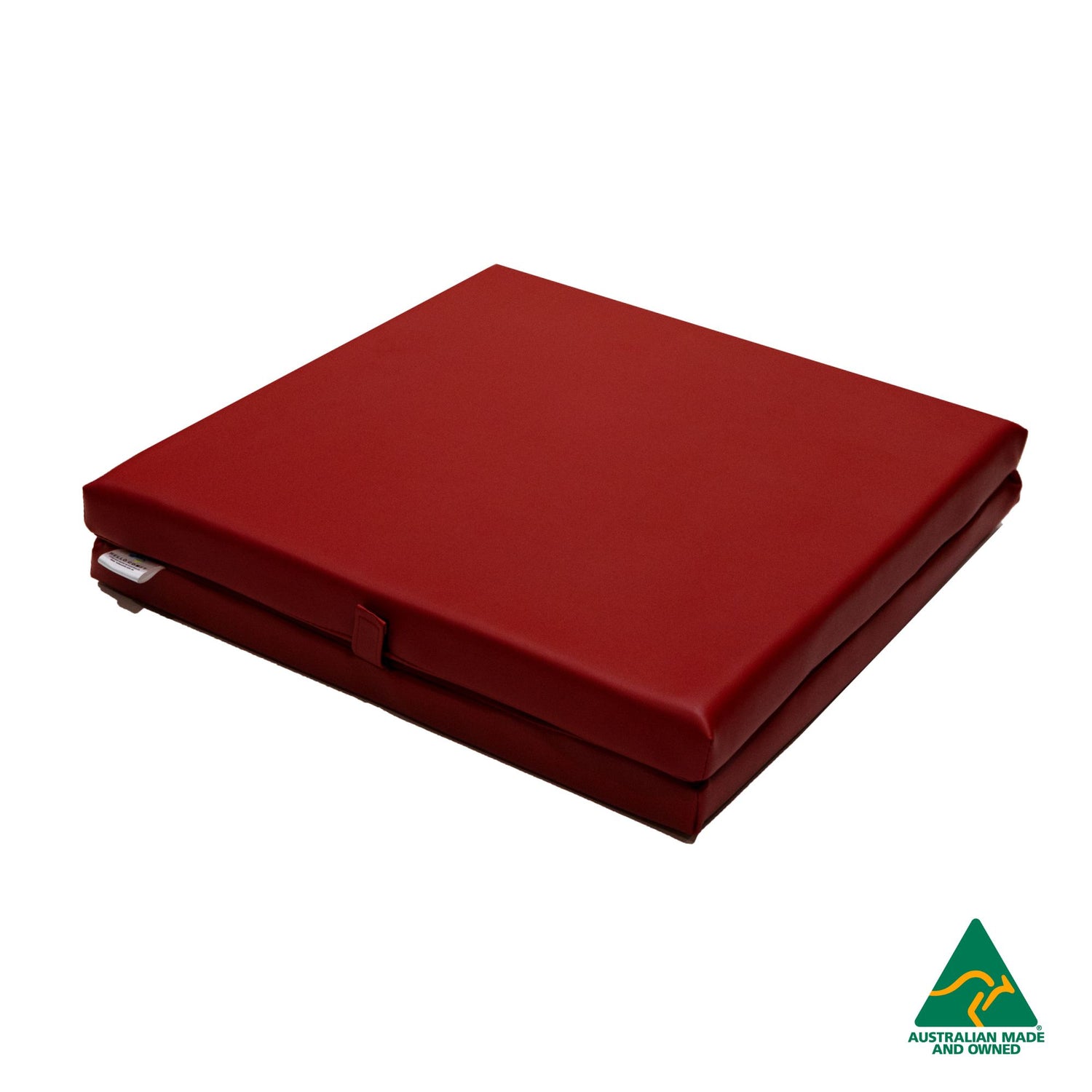 Folded Red Foldable Hello Comfy Child Care Sleep Mat made from waterproof PVC vinyl and foam, tested to AS/NZS 8811.1:2013, Australian-made for daycare and child care use