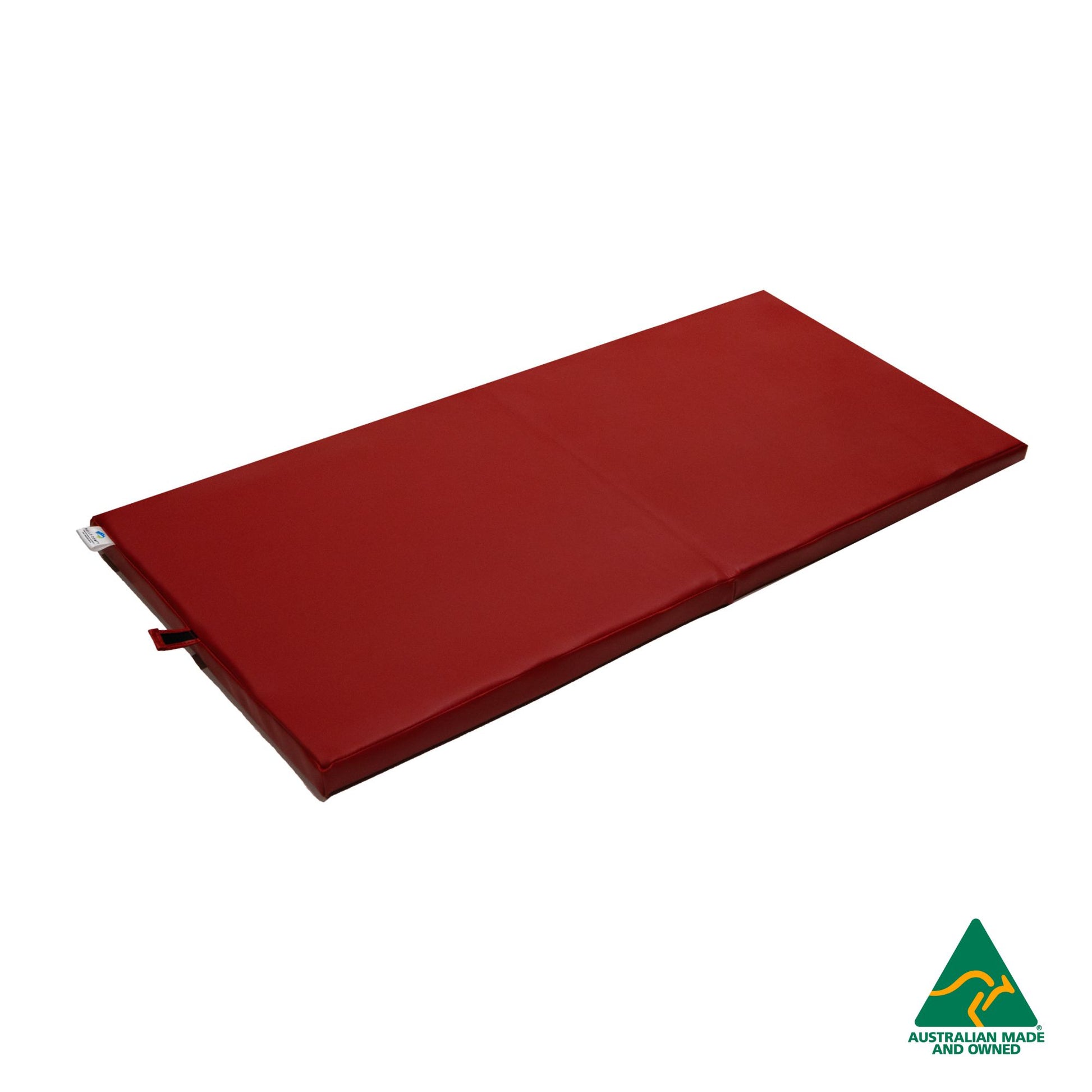 Unfolded Red Foldable Hello Comfy Child Care Sleep Mat made from waterproof PVC vinyl and foam, tested to AS/NZS 8811.1:2013, Australian-made for daycare and child care use