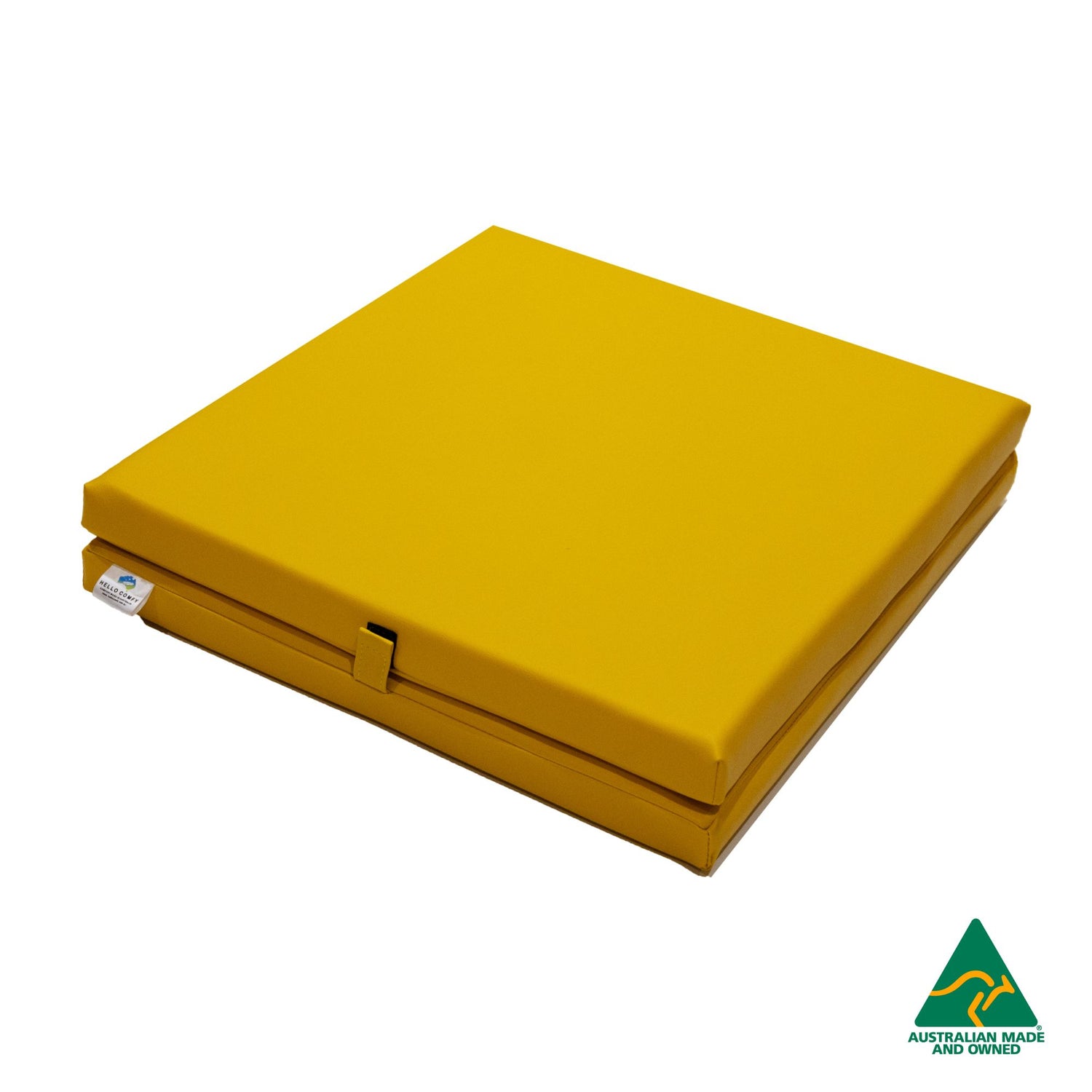 Folded Yellow Foldable Hello Comfy Child Care Sleep Mat made from waterproof PVC vinyl and foam, tested to AS/NZS 8811.1:2013, Australian-made for daycare and child care use