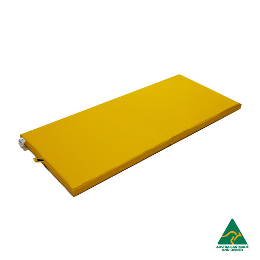 Unfolded Yellow Foldable Hello Comfy Child Care Sleep Mat made from waterproof PVC vinyl and foam, tested to AS/NZS 8811.1:2013, Australian-made for daycare and child care use