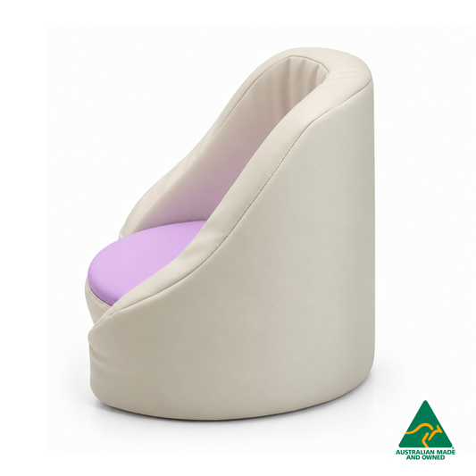 Side view of the Lavender Purple Hello Comfy Child Care Cuddle Chair with a removable circular foam seat cushion, waterproof PVC vinyl upholstery and supportive chair backing. Made in Australia for child care centres, kindergartens, schools and daycare environments.