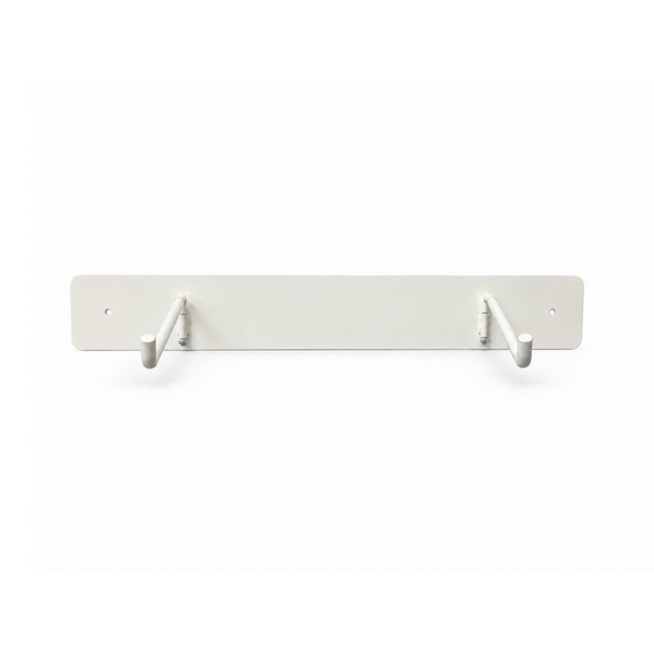 Front view of the white Hello Comfy Child Care Peg Mat Wall Storage Rack with both foldable storage arms open. For daycare, kindergarten, schools and early-learning use.