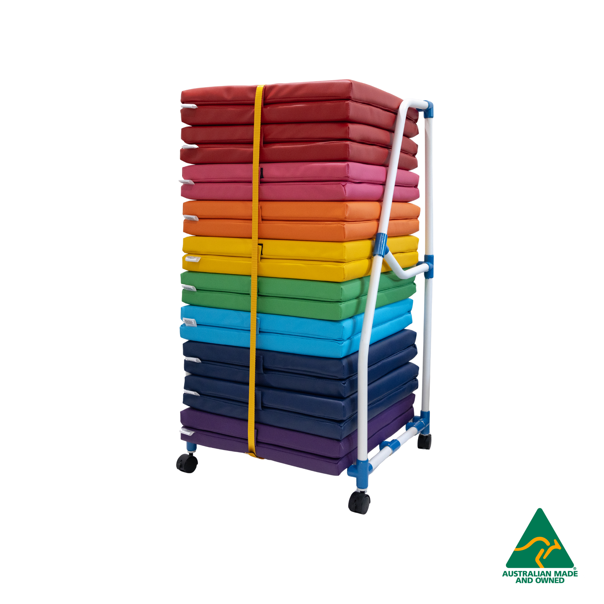 Child Care Mat Storage Trolley: Australian-Made. Ideal for Busy Child Care, Early Learning, Kindergartens, Schools & Homes. Premium PVC construction. Organise up to 10 Sleep Rest Mats. Easy mobility & safety features. Compatible with Flat & Foldable Mats.