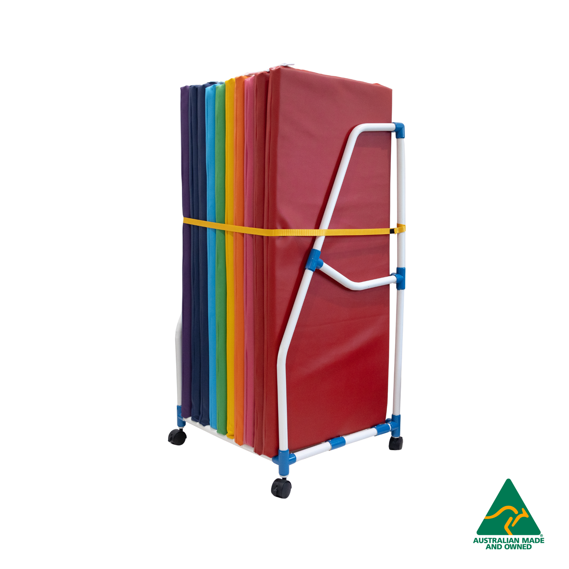 Child Care Mat Storage Trolley: Australian-Made. Ideal for Busy Child Care, Early Learning, Kindergartens, Schools & Homes. Premium PVC construction. Organise up to 10 Sleep Rest Mats. Easy mobility & safety features. Compatible with Flat & Foldable Mats.