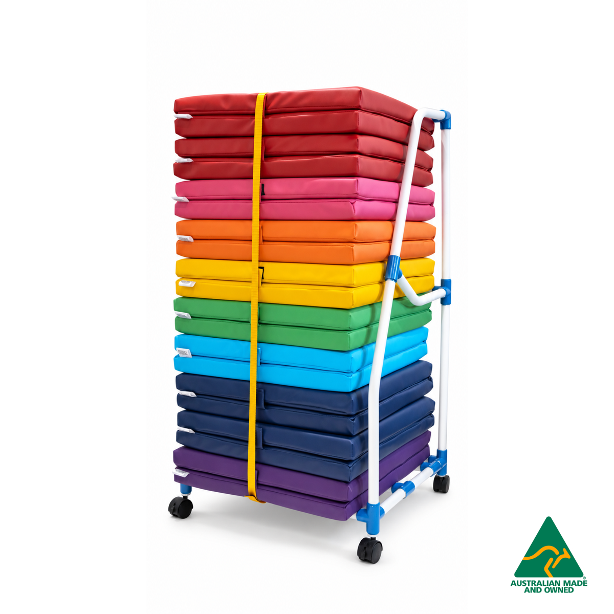 Side view of the Hello Comfy Child Care Sleep Mat Storage Trolley holding 10 Foldable Sleep Mats, featuring a sturdy PVC frame and castor wheels for easy movement between rooms.