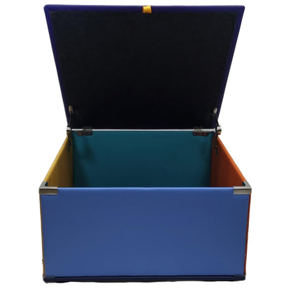 Customisable Toy Storage Box – Premium Australian-Made Vinyl & Soft-Touch Foam. Durable, waterproof, and flame-retardant with child-safe slow-closing hinges. Available in multiple colours for personalisation. Perfect for child care centres, schools, and home organisation