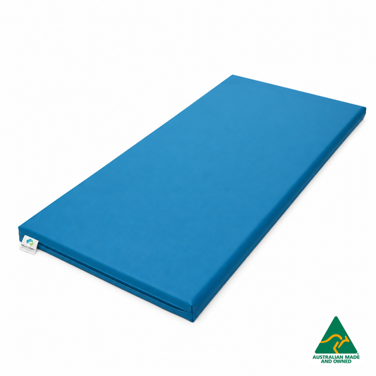 Blue Hello Comfy Child Care Sleep Mat made from waterproof PVC vinyl and foam, tested to AS/NZS 8811.1:2013, Australian-made for daycare and child care use