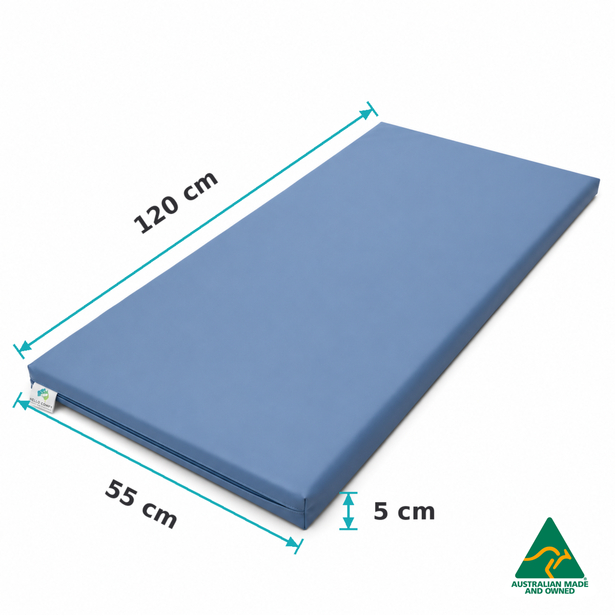 Dimensions of the Denim Blue Hello Comfy Child Care Sleep Mat showing 120cm length, 55cm width and 5cm thickness for daycare, kindergarten, school and early-learning use.