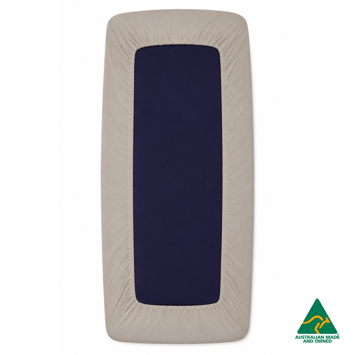 Back view of a Beige Hello Comfy 100% cotton fitted bottom sheet for a child care sleep mat, fully elasticated and Australian made for daycare centres.