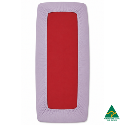 Back view of a Lavender Purple Hello Comfy 100% cotton fitted bottom sheet for a child care sleep mat, fully elasticated and Australian made for daycare centres.