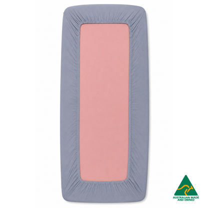 Back view of a Pastel Blue Hello Comfy 100% cotton fitted bottom sheet for a child care sleep mat, fully elasticated and Australian made for daycare centres.