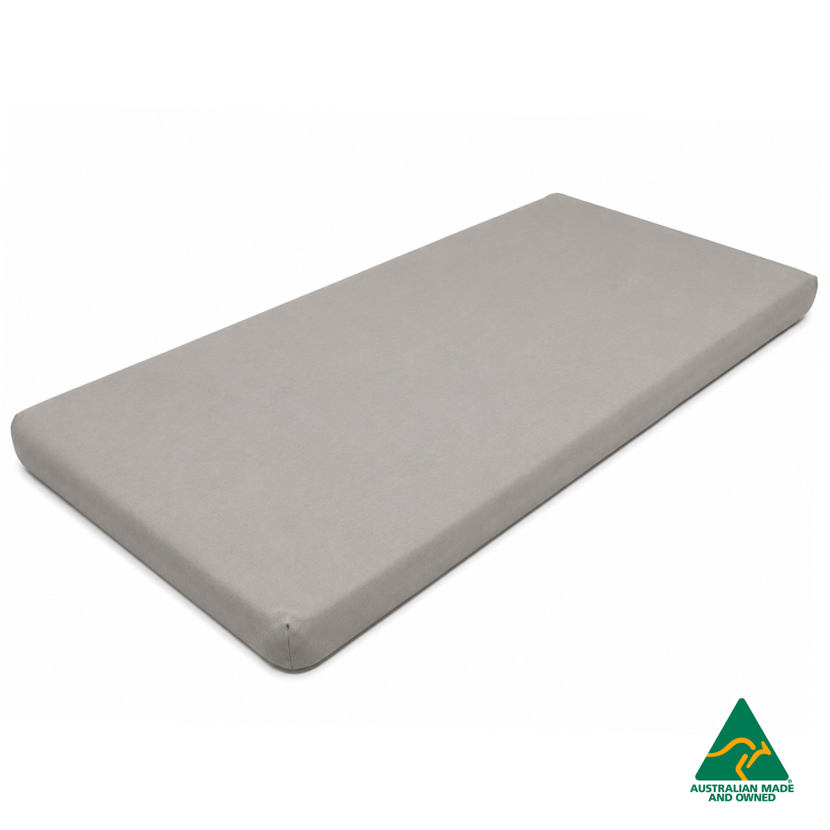Front view of a Beige Hello Comfy 100% cotton fitted bottom sheet for a child care sleep mat, fully elasticated and Australian made for daycare centres.